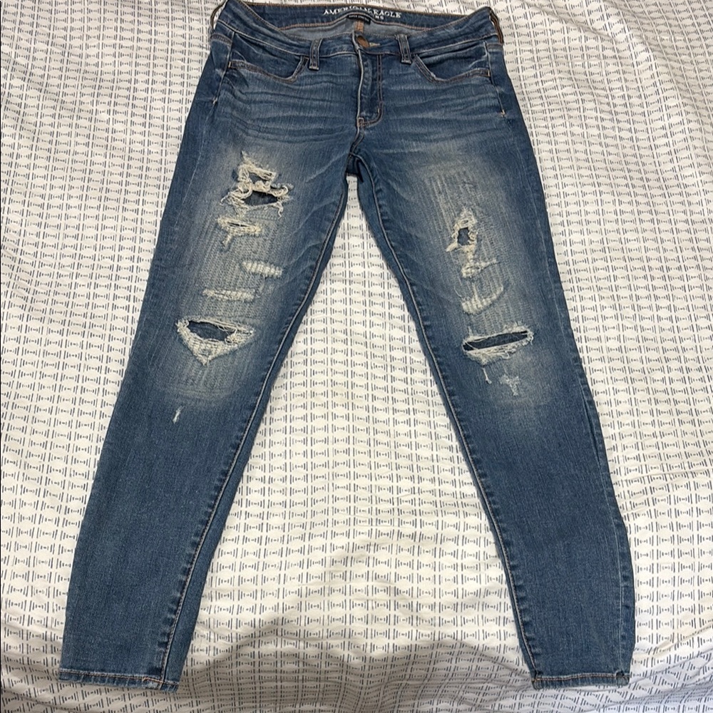 American Eagle Outfitters Blue Skinny Jeans with Distressed Details